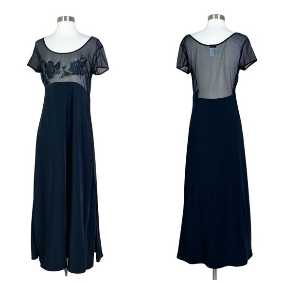 Natori | 90s Vintage Sheer Mesh Floral Embroidered Black Lingerie Night Gown M - Picture 1 of 10